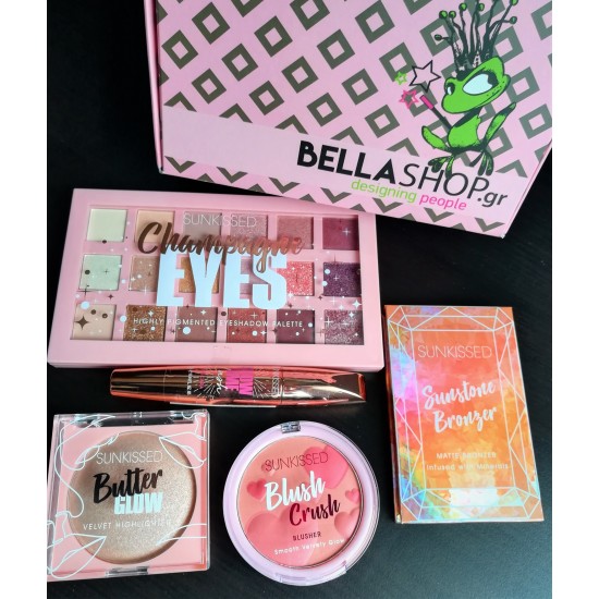 BELLABOX - Valentines by Sunkissed - Champagne Eyes High Pigmented Eyeshadow Palette & Blush Crush Blusher & Butter Glow Velvet Highlighter & Sunstone Bronzer Matte Palette & Show Time Lash Mascara