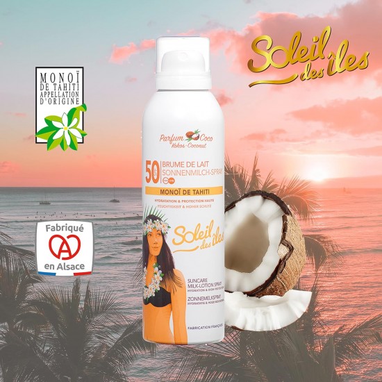 SOLEIL DES ILES Milk Spray with Monoi de Tahiti SPF50 - Coco 150ml SOLEIL DES ILES Milk Spray with Monoi de Tahiti SPF50 - Coco 150ml