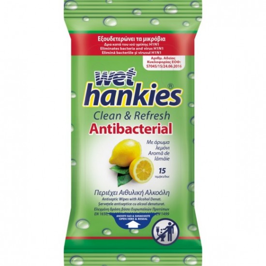 Wet Hankies Clean & Fresh Antibacterial Lemon - 15 Τμχ